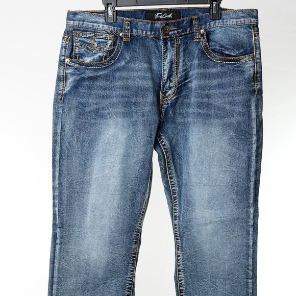 True Luck Men’s Straight Fit Jeans 38x32 Medium Wash Distressed Stitch Denim - Picture 2 of 8